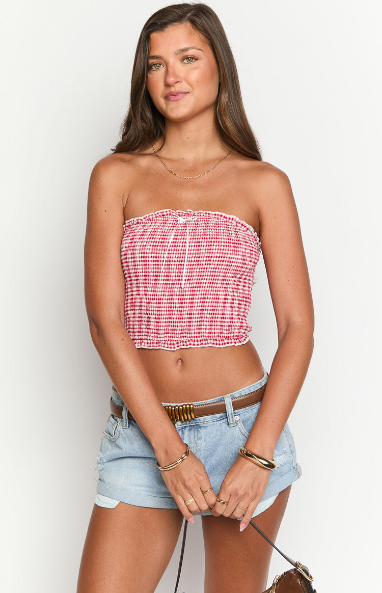 Boston Red Gingham Strapless Top