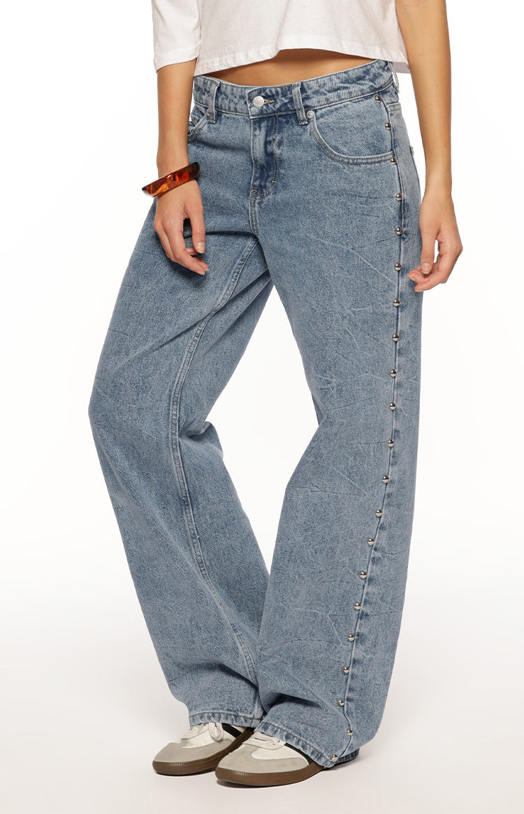 Charli Mid Wash Denim Studded Low Waist Baggy Leg Jeans