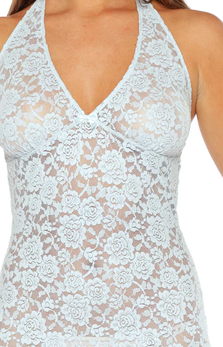 Espresso Blue Sheer Lace Mini Dress