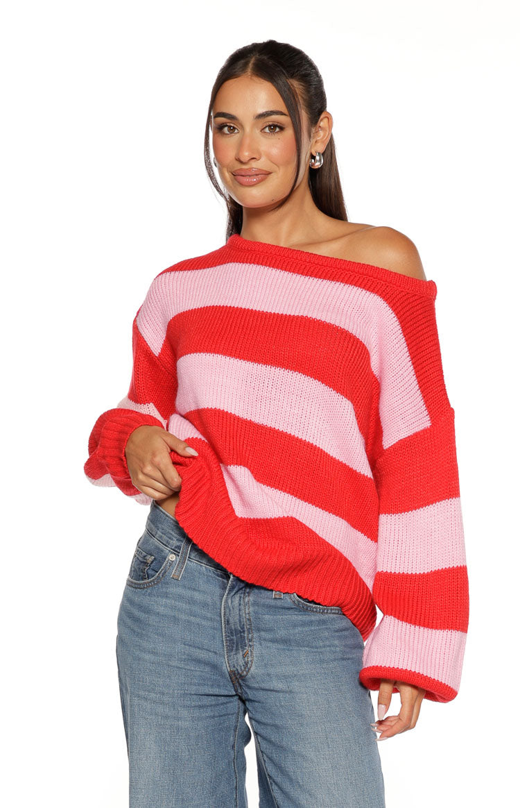 Finley Red and Pink Stripe Off Shoulder Knit Sweater